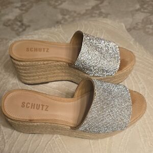 SCHUTZ Silver Sparkle Wedge Sandals